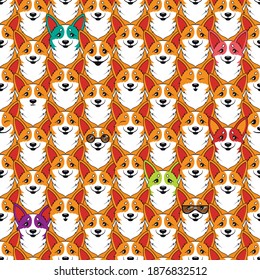 Resumen del patrón Corgi sin fisuras. La cara graciosa repite la impresión para la moda textil, la ropa, el papel de envoltura. Caricatura de perro de repetidos ornamentos