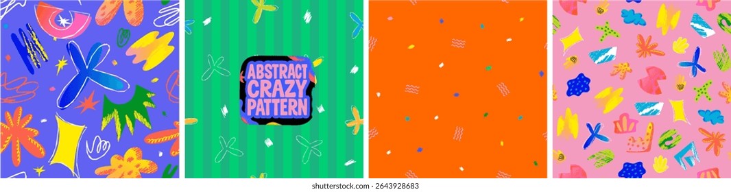Abstrato padrão louco sem emenda. Formas e objetos. Arte moderna geométrica. Ilustrações vetoriais de curvas rabiscar, rabiscar, linha, ponto, gradiente, ponto para fundo, cartão ou design. Caos colorido