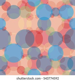 Abstract seamless crossing circles pattern. Overlapping light and dark pink, red, blue, yellow balloons background. Geometric backdrop for printing wallpaper, presentation or flyer with bubbles.