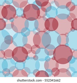 Abstract seamless crossing circles pattern. Overlapping light and dark blue, red balloons background. Intersecting geometric backdrop for printing wallpaper, presentation or flyer with bubbles.