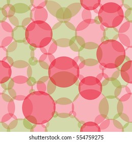 Abstract seamless crossing circles pattern. Overlapping light and dark green, red balloons background. Intersecting geometric backdrop for printing wallpaper, presentation or flyer with bubbles.