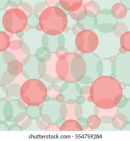 Abstract seamless crossing circles pattern. Overlapping light and dark green, red balloons background. Intersecting geometric backdrop for printing wallpaper, presentation or flyer with bubbles.