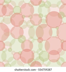 Abstract seamless crossing circles pattern. Overlapping light and dark green, red balloons background. Intersecting geometric backdrop for printing wallpaper, presentation or flyer with bubbles.
