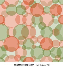 Abstract seamless crossing circles pattern. Overlapping light and dark green, red balloons background. Intersecting geometric backdrop for printing wallpaper, presentation or flyer with bubbles.