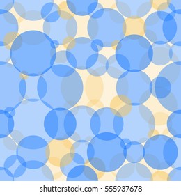 Abstract seamless crossing circles pattern. Overlapping light and dark yellow, blue balloons background. Intersecting geometric backdrop for printing wallpaper, presentation or flyer with bubbles.