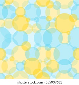 Abstract seamless crossing circles pattern. Overlapping light and dark yellow, blue balloons background. Intersecting geometric backdrop for printing wallpaper, presentation or flyer with bubbles.