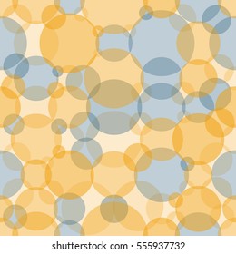 Abstract seamless crossing circles pattern. Overlapping light and dark yellow, blue balloons background. Intersecting geometric backdrop for printing wallpaper, presentation or flyer with bubbles.