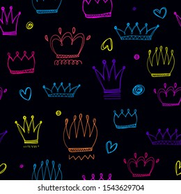 Abstract seamless crown pattern. Bright neon colorful jewelry print on black background. Royal repeated ornament for fashion textile, girlish clothes, wrapping paper.
