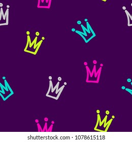  Abstract seamless crown pattern. Dark purple background with colorful neon tiara. Girlish fashion repeated backdrop for textile, wrapping paper. Rich iterative illustration