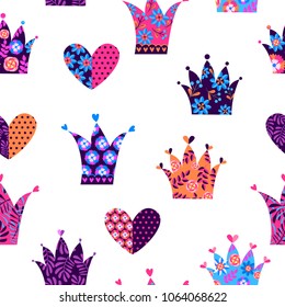 Abstract seamless crown pattern. floral ornament. tiara and heart shape with flowers, leaves, dots. Princess elements. Girlish repeated backdrop for textile, clothes, wrapping paper. 