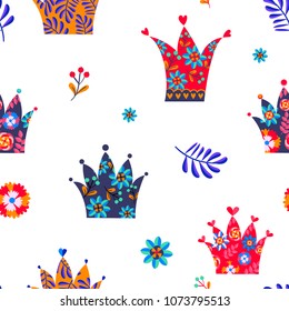 Abstract seamless crown pattern with flowers ornament. Brunch of berries, leaves, secretive flower on white background. princess elements. Royal floral repeated backdrop. 