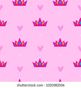 Abstract seamless crown pattern with hearts on tender pink background. Girlish fashion illustration for textile, clothes, wrapping paper. Princess wallpaper. jewelry elements. romantic motives