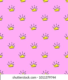 Abstract Seamless Crown Pattern On Pink Background . Royal Repeated Backdrop For Textile, Clothes, Wrapping Paper.  Tiara Iterative Wallpaper Drawing In Cartoon Style. Girlish Jewelry Elements