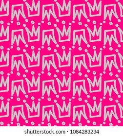 Abstract seamless crown pattern on pink background. Colorful girlish repeated backdrop for textile, fashion clothes,wrapping paper. Tiara set wall. geometrical wallpaper. Jewelry decorative silhouette