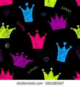 Abstract seamless crown pattern. Royal princess wallpaper. Sketch tiara shape. Colorful Girlish repeated backdrop. cartoon style