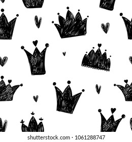 Abstract seamless crown pattern. Royal princess ornament. tiara shape drawing in sketch style. Black and white Girlish repeated backdrop. Monochrome background with hearts and cartoon childish crown