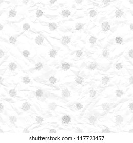 Abstract seamless crumpled paper texture with pencil sketch pattern of polka dots in subtle shades of white and gray colors for wallpaper background design. EPS 10 vector illustration.