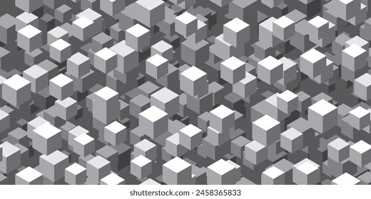 Abstract seamless cubic geometric monochrome pattern in retro style. Vintage vector bg with flying 3d cubes. Futuristic optical illusion