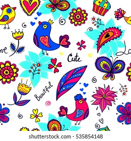 Abstract seamless cute pattern with birds, flowers, cake, leaves, butterfliy, words beautif, cute, whorl elements, paisley, hearts. Colorful repeated backdrop. Childish design for girls, fashion,paper