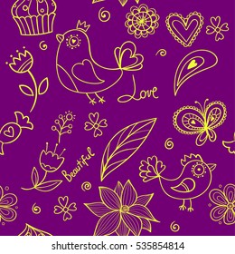 Abstract seamless cute pattern with birds, flowers, cake, leaves, butterfliy, words beautif, cute, whorl elements, paisley, hearts. cute repeated backdrop. Childish design for girls, fashion,paper