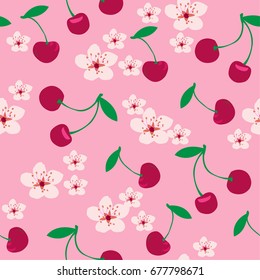 Abstract seamless cute pattern with cherries and flowers on a pink background. Pattern for girls, children, textiles, clothing, cloth, cards, wrapping paper, web.