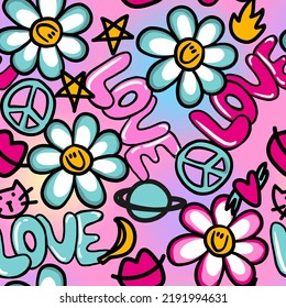 Abstract seamless cute pattern and love  flowers  peace  hearts  stars  Super pattern in doodle style for textile  fabric  stationery   other designs 