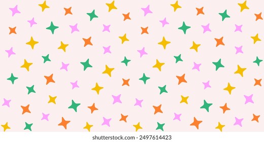 Abstract seamless cute pattern of multicolored chaotic stars on a light background, flat style