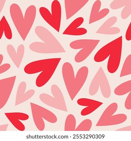 Abstract seamless cute pattern of multicolored hearts on light background, Valentine's day background, hand drawn illustration, flat style