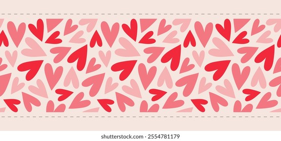 Abstract seamless cute pattern of pink and red hearts in a dotted line frame on light background, Valentine's day background, hand drawn illustration, flat style