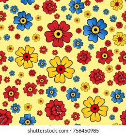 Abstract seamless daisy pattern for girls, boys, clothes. Creative vector daisy background with flower, red marguerite. Funny pattern wallpaper for textile and fabric. Fashion style. Colorful bright