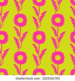 Abstract seamless dandelion pattern. Decorative pink Flowers silhouette on green backround. Blossom repeat ornament.