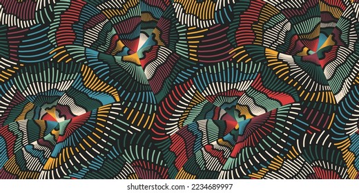 Abstract seamless dark pattern of smooth multicolored lines. Print like night flowers or kaleidoscope. Dash wave background