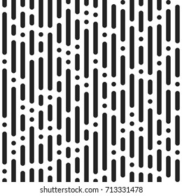 Abstract seamless dashed texture with intermittent rounded stripes. Vector monochrome background. Minimalistic modern style. Black bands and dots on white background.