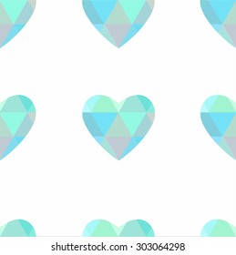 Abstract seamless design convex vector blue triangle heart pattern on a white background