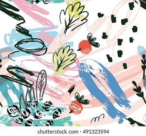 Abstract seamless design for greeting cards, banners. Hand drawn scribbles triangles dots. Creative universal background for Flyers, Placards, Posters, Invitations, Brochures. Artistic Templates.