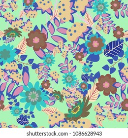 Abstract seamless design. Grunge beige, green and blue background. Vector floral pattern with abstract flowers. Textile print for bed linen, jacket, package design, fabric and fashion concepts.