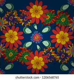 Abstract seamless design. Textile print for bed linen, jacket, package design, fabric and fashion concepts. Vector floral pattern with abstract flowers. Grunge yellow, blue and red background.