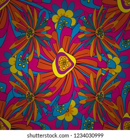 Abstract seamless design. Textile print for bed linen, jacket, package design, fabric and fashion concepts. Vector floral pattern with abstract flowers. Grunge yellow, magenta and blue background.