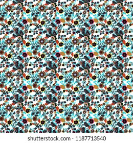 Abstract seamless design. Vector floral pattern with abstract flowers. Textile print for bed linen, jacket, package design, fabric and fashion concepts. Grunge brown, blue and white background.