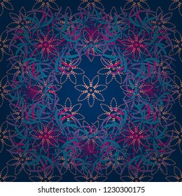 Abstract seamless design. Vector floral pattern with abstract flowers. Textile print for bed linen, jacket, package design, fabric and fashion concepts. Grunge violet, blue and orange background.