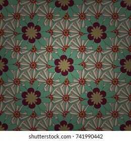 Abstract seamless design. Vector floral pattern with abstract flowers. Textile print for bed linen, jacket, package design, fabric and fashion concepts. Grunge beige, green and yellow background.