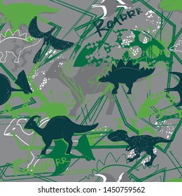 Abstract seamless dinosaurs pattern for boy, sport textile, clothes, wrapping paper. 