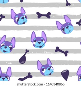 Abstract seamless dog pattern with bow and gum. Boston terrier puppy faces with different character. colorful puppy pet repeated backdrop for textile, clothes, wrapping paper. repeating ornament