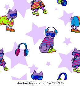 Abstract seamless dog pattern with headphone, keds shoes. stars background. Teenagers. repeated backdrop for textile, clothes, wrapping paper.