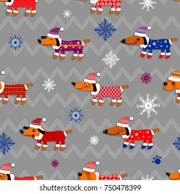 Abstract seamless Dog pattern on curved zigzag stripes repeated backdrop, snowflakes, puppy clothes with dots, rhombus. Winter wallpaper for textile, clothes, wrapping paper. Childish illustration