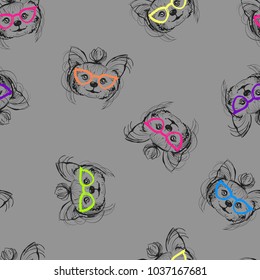 Abstract seamless dog pattern. York terrier sketch drawing with colorful sunglass. Puppy pet repeated backdrop for child, textile, clothes, wrapping paper. Cheerful character. Grey background