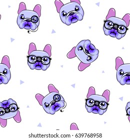 Abstract seamless dogs pattern. Pets repeated backdrop in white background with triangles,  french pitbull faces, glasses. Hipster style. Animals wallpaper. Cute treater design for wrapping paper.