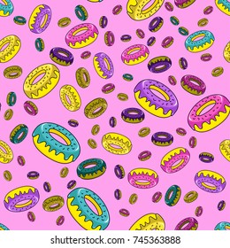 Abstract seamless donut, cake pattern for girls or boys. Creative vector background donut, yummy donate, cupcake. Funny food pattern for textile and fabric. Fashion multicolor pink style.
