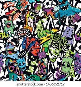 Abstract seamless doodle cartoon print. Cartoon monsters character repeated print. Graffiti teenagers backdrop