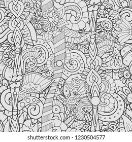 Abstract seamless doodle floral pattern in adult coloring book style.